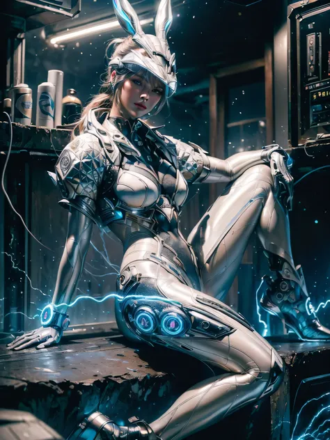 ((Masterpiece)), (high resolution:1.4),(bunny from the First Decendant) looking at viewer, (futuristic environment:1.5), beautiful face revealed, highly detailed skin, skin pores, (highly detailed face:1.1), (highly detailed eyes:1.1), realistic pupils, fu...