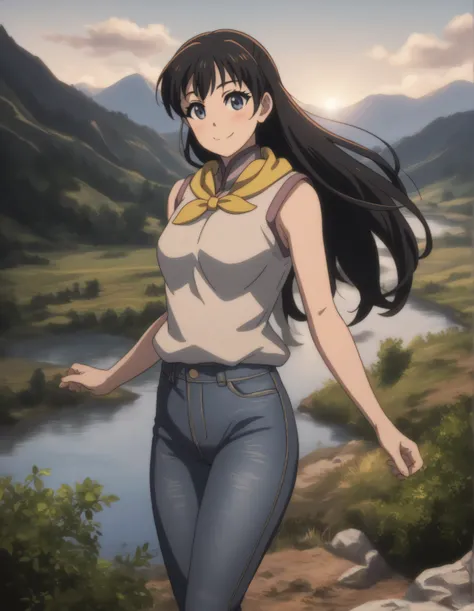 score_9, score_8_up, score_7_up, gsfghtr, multicolored robe, neckerchief, black hair, sleeveless, jeans, (long straight hair), cinematic Lighting, 1girl,solo,blush,smile, Valley with Flowing River, blue sky