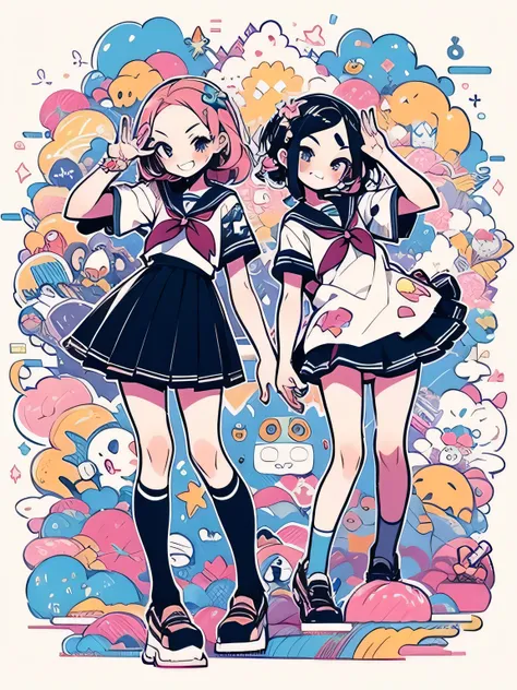 sideview,((3girls)),ランダムなcolor hair,wave long hair, forehead,gal,grin,makeup gross eyeshadow,(JK),school uniform,(flying dash pose), popping out , knee-high black socks、 absolute domain、color々なcolorの空、 High Quality 、(manga style),(sketch),(illustration),