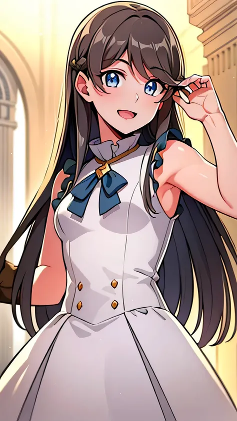 quality, masterpiece, highly detailed, 16k, masterpiece, tilly wimbledon, sleeveless, 1girl, smile, open mouth, blush, detailed face, detailed eyes, medium breast, blue eyes, castle, both hands up, armpits