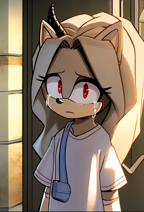 eri, long hair, (red eyes:1.5), white fur, long hair, horns, , small single horn, female , Female hedgehog, mobian, Eri as a mobian hedgehog, short sleeves, hospital gown, bandaged arms, solo, basement, crying