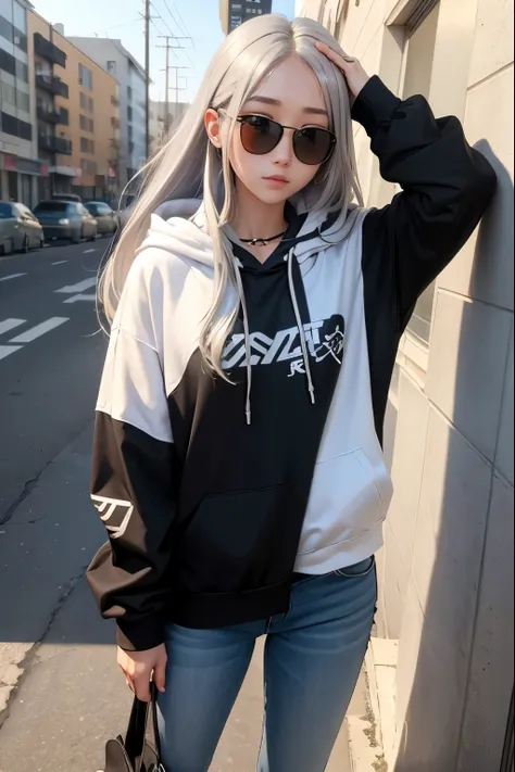  and my hairstyle is semi-long 、Hair color is silver、Body type: slender、 I wear a hoodie、My head is ８、Adult female、 my whole body is showing 、 I have sunglasses on my head