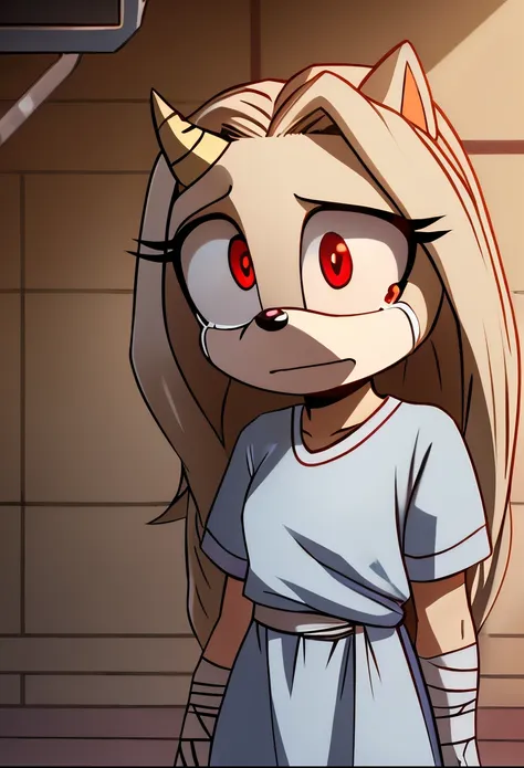 eri, long hair, (red eyes:1.5), white fur, long hair, horns, small horn, (single horn), female, Female hedgehog, mobian, Eri as a mobian hedgehog, short sleeves, hospital gown, bandaged arms, solo, basement, crying, innocent eyes
