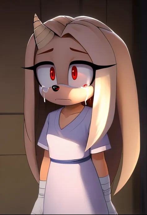 eri, long hair, (red eyes:1.5), white fur, long hair, small horn, (single horn), female, female hedgehog, mobian, eri as a mobia...