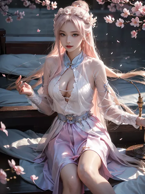 guqinghan,naraka,chinese clothes,china dress,, (photorealistic:1.4), (Full breasts, visible cleavage), (Big Breast), young woman lying on white bed, upper body slightly propped up on elbows at 15-degree angle, legs gracefully extended, natural relaxed pose...