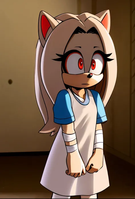 eri, long hair, (red eyes:1.5), (white fur), long hair, small horn, (single horn), female, Female hedgehog, mobian, Eri as a mobian hedgehog, hedgehog ears, short sleeves, hospital gown, bandages, bandaged arms, solo, basement, innocent eyes
