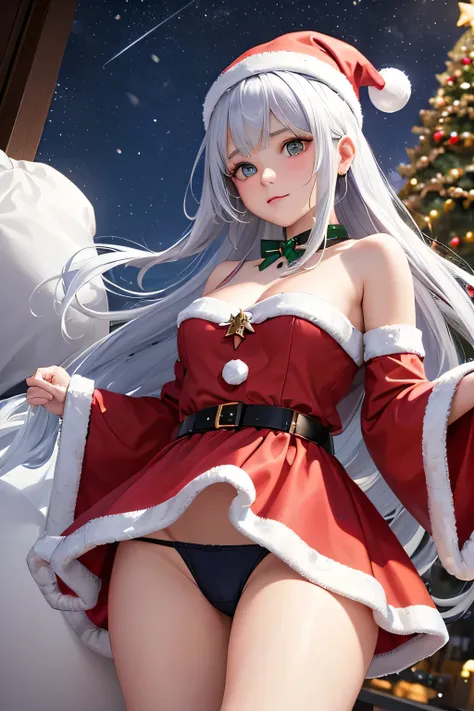 Portrait of Alicia, a young sorceress with silver updo hair,, mini skirt, panty shot, photo taken from below,Snowy landscape, Christmas tree,A snowy night,(The Santa Claus figure)