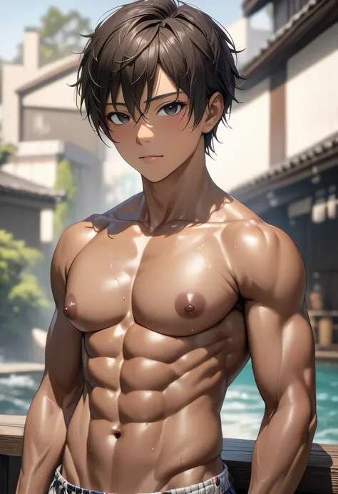 (solo idol brown skinned japanese boy), abs, black short hair, detailed black eyes, (Brown Skin:1.3), topless, (Detailed nipples), best quality, 4K, 8k, high definition , ( Masterpiece :1.2), ultra-detailed, (Photo realistic:1.37), look at the viewers, (sm...