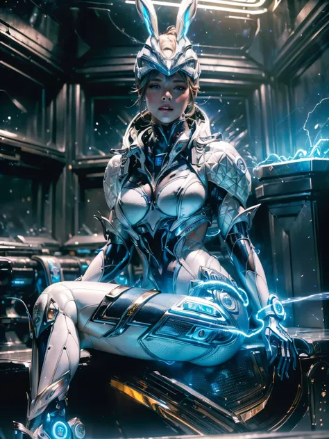 ((Masterpiece)), (high resolution:1.4),(bunny from the First Decendant) looking at viewer, (futuristic environment:1.5), beautiful face revealed, highly detailed skin, skin pores, (highly detailed face:1.1), (highly detailed eyes:1.1), realistic pupils, fu...