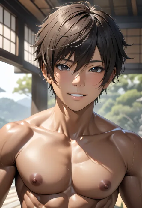 (solo idol brown skinned japanese boy), abs, black short hair, detailed black eyes, (Brown Skin:1.3), naked,(Detailed nipples), best quality, 4K, 8k, high definition , ( Masterpiece :1.2), ultra-detailed, (Photo realistic:1.37), look at the viewers, (smirk...