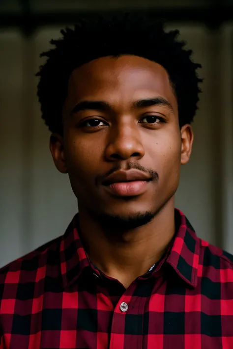 lifestyle photography photo of a black man, anticipate facial expression, red flannel shirt, black cargo pants and combat boots, close up on face, under soft lighting, high angle, shot on a Fujicolor Pro