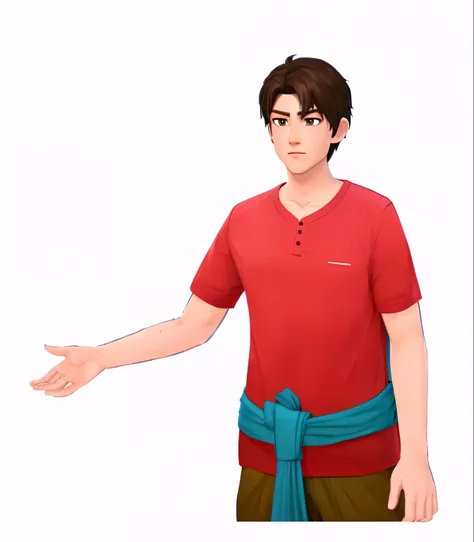 a man in a red shirt and brown pants with a blue tie, rotoscoped, full body single character, single character full body, full body character, male character, character is standing, animation character, upper body 2d game avatar, character posing, t-pose o...