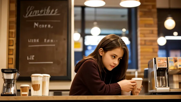 " A cozy cafeteria on a rainy night , with soft light and a warm environment . clara,  a 22-year-old girl with dark brown hair and big eyes,  is behind the counter serving coffee .  Her expression shows determination and a slight tiredness .  There are ima...