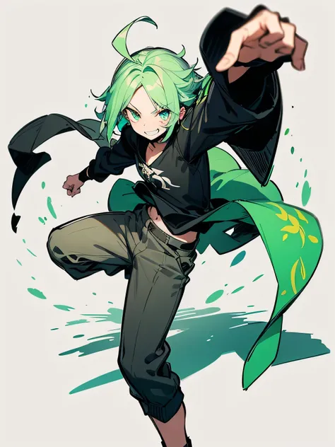 (looking at viewer)、solo,man,male,s eyes,parted bangs, Light green hair, thin medium hair:1.2, dark travelers clothes, grin,ahoge,best fighting stance,white simple background, (manga style), (sketch), (illustration)