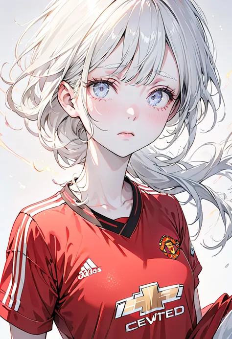   Masterpiece ,  best quality, ((Pure white background)),   bending permanent  ,  slim, Albino Woman , white hair , White eyelashes,White eyelashes, White eyebrow, Cold Face,  white skin,  Wear a Manchester United uniform ,Manchester United,Red T-shirt,  s...