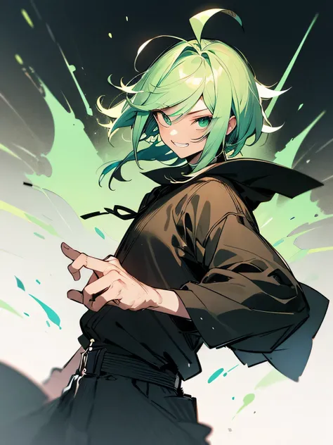 (looking at viewer)、solo,man,male,s eyes,parted bangs, Light green hair, thin medium hair:1.2, dark travelers clothes, grin,ahoge,best fighting stance,white simple background, (manga style), (sketch), (illustration)