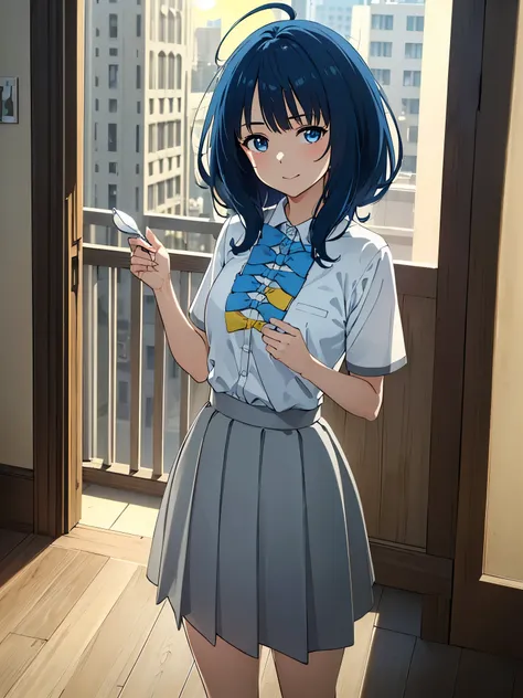 AnnaSchool, collared shirt, white shirt, blue bowtie, yellow bowtie, short sleeves, pleated skirt, grey skirt, (best quality, masterpiece:1.2), 1girl, (((masterpiece))), looking at viewer , top-quality, top-quality, High Details, 1girl, illustratio, comic ...