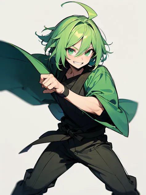 (looking at viewer)、solo,man,male,s eyes,males nose,males mouth,parted bangs, Light green hair, thin medium hair:1.2, dark travelers clothes, grin,ahoge,best fighting stance,white simple background, (manga style), (sketch), (illustration)