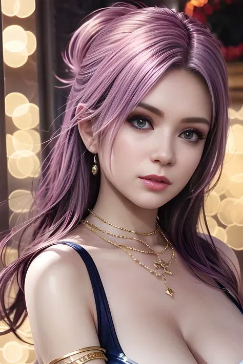 (1girl:1.5) , a striking bikini with a deep V-neckline and embellished with glittering textures, beads, and floral embellishments. She wears matching gold jewelry, including bracelets, a layered necklace, ,huge breasts,expressive eyes, perfect face,(best ...