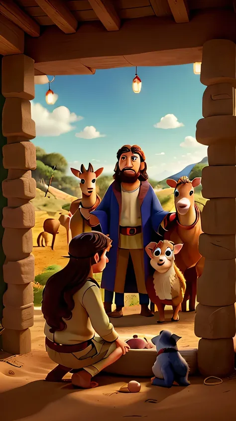  The scene of the birth of Jesus showing Joseph , Maria, Jesus,   the animals and the Three Wise Men are seen in a Pixar-style poster.