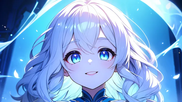 1girl, highly detailed, glowing blue eyes, she is happy and smilling, wavy short white hair, ornate dress, masterpiece, pale blue scales, scales near eyes