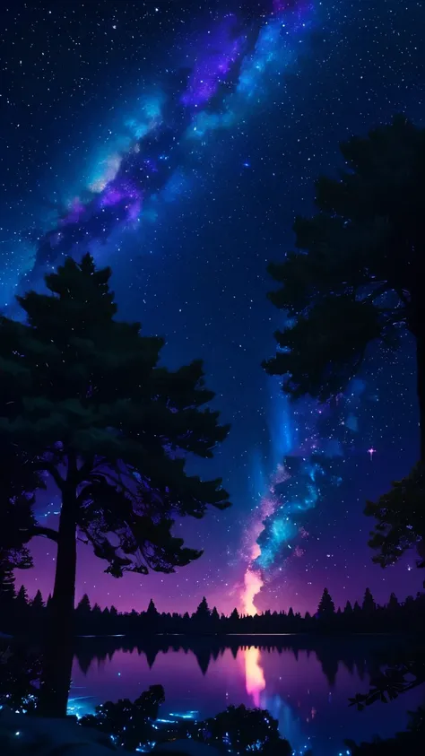 An ethereal night sky filled with vibrant purple, blue, and teal colors, showcasing swirling galaxies and shimmering stars. Below, a tranquil lake reflects the cosmic display above, with a serene forest silhouette framing the scene. The atmosphere is magic...