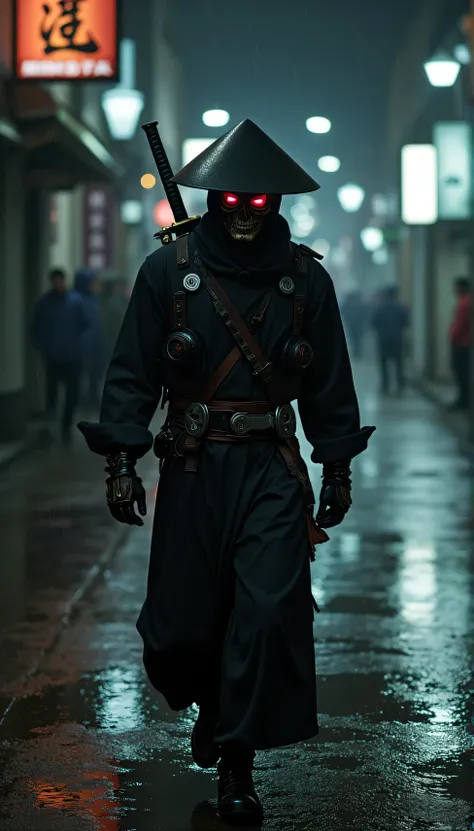 ninja shinobi cyberpunk robot cyborg .big thighs.Wallking street 
two samurais walking down a street at night, yasuke.skull face,Ninja wearing conical hat. shinobi Cyborg. Red eyes, devil mask, rain. Dark night. Equipped with Sword on back. Katana on back....