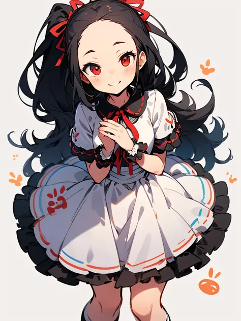 Alone, siiting on the knee, black ponytail, big forehead, red eyes, white frill elegant cute dress, red ribbon line, open chest, graffiti, black knee-high socks、nihilistic smile, white simple background, (manga style), (sketch), (illustration)