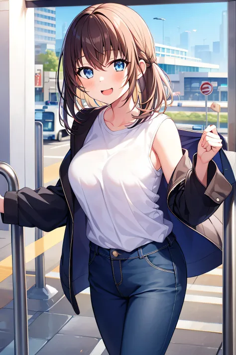  1 girl, nakaNo._future,   Unique , Scantily clad, ,  blue_ have eyes , brown_hair, Long_hair, hair_between_ have eyes , White_, _clothing, White_ Background and  , station，metro station，bus station，Watching_Shown in_ Use the following method to view viewe...