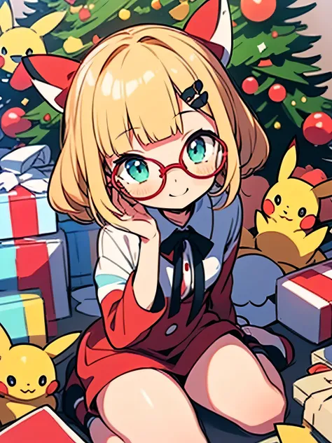 
(chibi),solo, 16years old,(wariza:1.3), blonde medium hair, blunt bangs, glasses, cute face,open chest, cute Santa Claus red clothe, surrounded by Christmas present gift boxes, Christmas ribbon,pikachu(pokemon),cute smile,model pose, Christmas tree, high ...