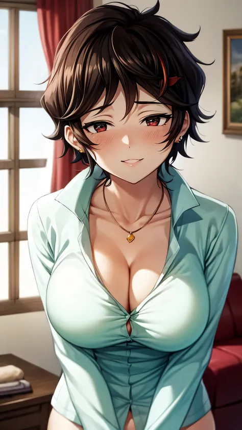 （ super high quality, super high resolution,16k,super masterpiece,Ultra HD ,Detailed shading and background,）Sexy Mother,Short black hair,（A white naked shirt with a large open collar and standing straight, cleavage, Lower Body Naked,） earrings for a woman...