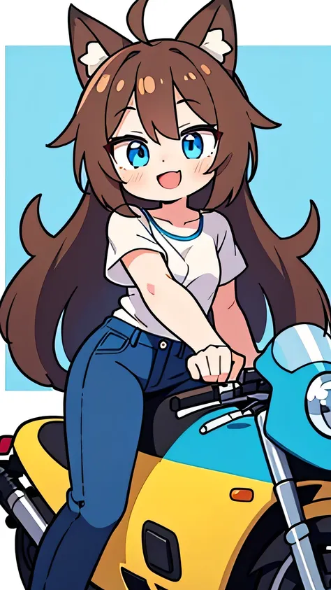  1 girl,  beautiful eyes, blue eyes, long hair, Brown Hair,  animal ears ,  fox ear, white shirt, Blue Jeans,smile,whole body,Ahoge,Crotched on a blue motorcycle, forward leaning position,Im laughing and opening my mouth