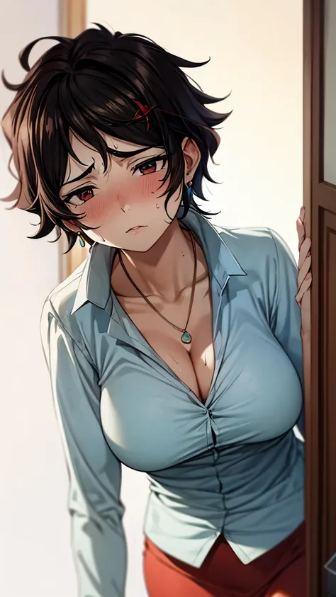 （ super high quality, super high resolution,16k,super masterpiece,Ultra HD ,Detailed shading and background,）Sexy Mother,Short black hair,（A white naked shirt with a large open collar and standing straight, cleavage, Lower Body Naked,） earrings for a woman...