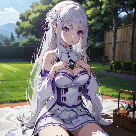 nsfw. She is wearing a white tennis outfit, with her white undergarments visible. She holds a single tennis racket with both hands in a poised and focused manner. The lush green grass tennis court stretches out in the background. This scene radiates elegan...