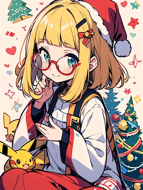 
(chibi),sideview,solo, 16years old,(wariza:1.3), blonde medium hair, blunt bangs, glasses, cute face,open chest, cute Santa Claus red clothe,Santa Claus caps, surrounded by Christmas present gift boxes, Christmas ribbon,(pikachu(pokemon)),cute smile,model...