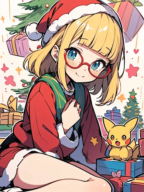 
(chibi),sideview,solo, 16years old,(wariza:1.3), blonde medium hair, blunt bangs, glasses, cute face,open chest, cute Santa Claus red clothe,Santa Claus caps, surrounded by Christmas present gift boxes, Christmas ribbon,pikachu(pokemon),cute smile,model p...