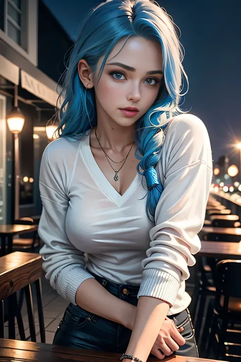 (8k, RAW photo, best quality, masterpiece:1.2), (realistic, photo-realistic:1.37), woman, girl, ultra-detailed,close up upper body,1 girl, solo,beautiful detailed sky,detailed cafe,night,beautiful detailed eyes,beautiful detailed lips,professional lighting...