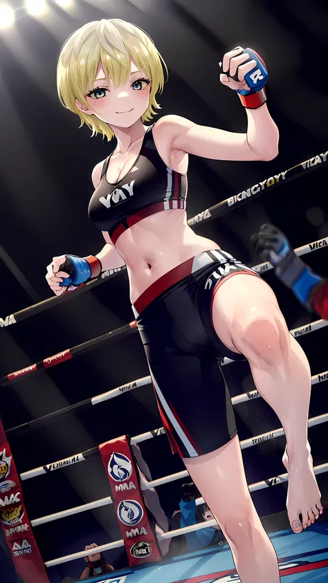 tenkaizumo, izumo, tenka, short hair, Blue eyes, blonde, (1 girl:1.5, solo:1.5), 8K, masterpiece, Highest quality, Hyper Detailed eyes, Detailed face, medium breast, (wearing sports bra:1.5, tight fit short spats:1.5, bare thigh, cleavage, small navel, sle...