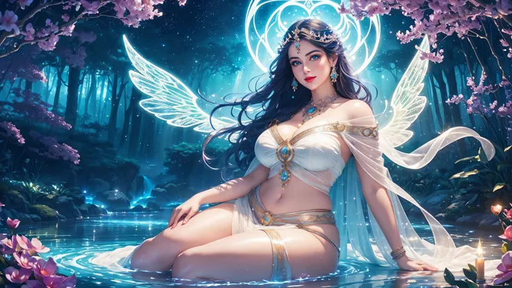 (masterpiece, best quality, expressive eyes, perfect face), (Heavenly Goddess sitting in magical heaven, breathtakingly beautiful, hyper-realistic face, gorgeous), (curvy), emitting a halo of pure white light making everything glow, magical fire, arrogant ...