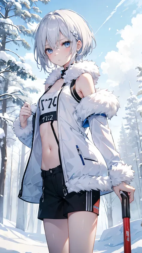  best quality、 Silver Hair、(Whitening skin)、 sky blue eyes、 very short hair ,Short Hair, straight hair、Petite、、 slender、Sweaty、 Tube Top,Best,fur, slender、forest、 hot pants,Snow Scene,snow pattern , boyish,