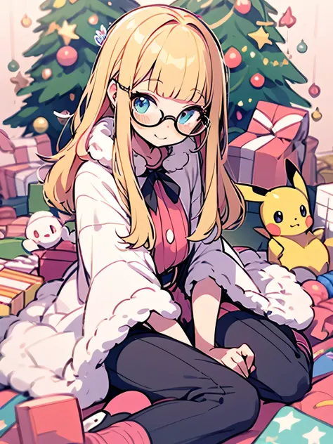 (chibi),dutch angle,pikachu(pokemon),solo, 16years old,(wariza:1.3), blonde medium hair, blunt bangs, glasses, cute face,open chest, cute Santa Claus red clothe,Santa Claus caps, surrounded by Christmas present gift boxes, Christmas ribbon,cute smile,model...