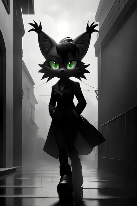 ((Masterpiece), high quality, detailed, greyscale, high contrast, backlighting), nicole the lynx, mobian, facial markings, serious face, spot color, glowing green eyes, breasts, hand in pocket, alleyway, wind, raining, dutch angle three-quarter portrait, b...