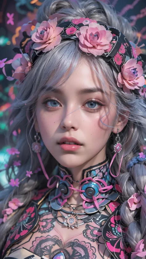 offcial art, Unity 8k wallpaper, Ultra detailed, Beautiful and aesthetic, Beautiful, Masterpiece, Best quality, (zentangle, mandalas, Tangled, entangle), 8K, Skin texture:1.4, tmasterpiece:1.4,Pose behind beauty，(Cyberpunk style Lolita costume in random co...