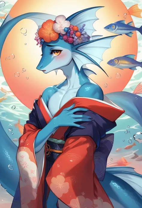 fantasy, 1femboy, anthro, fit girly body, anthropomorphic, koi fish, scale skin, round head, fins on head, big fins, colorful, koi fish body color, wearing a traditional japanese robe, (19 years), shy expression, (soft shading), score_9, score_8_up, score_...