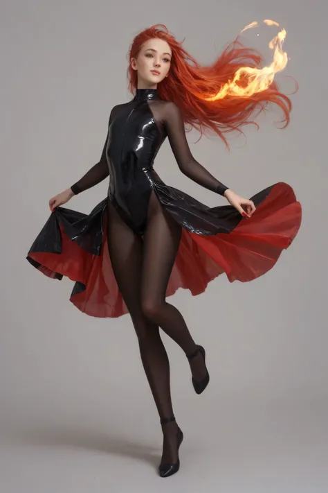 Slim flat chested fenail sporty gymnastic woman in a transparent Black bodysuit looks like in flame doing a dance. Red long hairs flowing in the wind. Perfect lags ind Ballet shoose. Front view. Full body