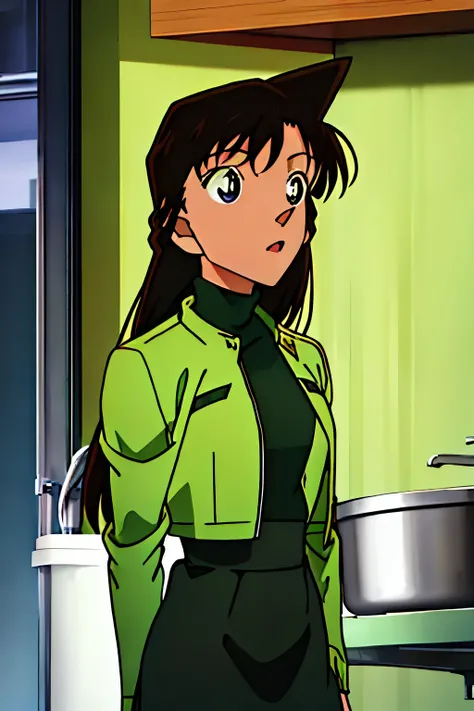 {{{ long hair}}},{{{Public Documents }}},{{{adult}}},Green dress,green turtleneck tight skirt , { light green cropped mini jacket}, Green Sox ,,sink,laundry,kitchen,bringing upper body to the sink,open, Back of Person Leaning Forward
