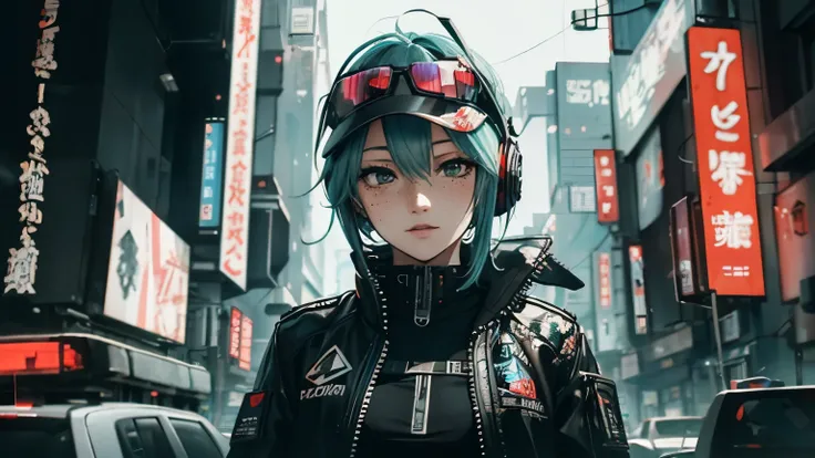 ((Best Quality)), ((Masterpiece)), perfect eyes:1.2, holding a machine gun, detailed eyes:1.4, ((freckles)), woman, hightech visor, high tech, hacker, irezumi, tattoo, techwear, headphones, messy hair, multicolored hair, green hair, black jacket, gradient ...