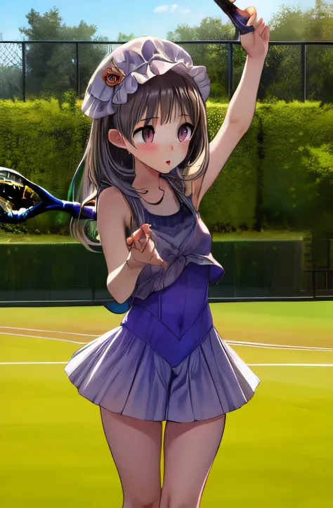 nsfw. she is wearing a purple tennis outfit, with her white undergarments visible. she holds a single tennis racket with both ha...