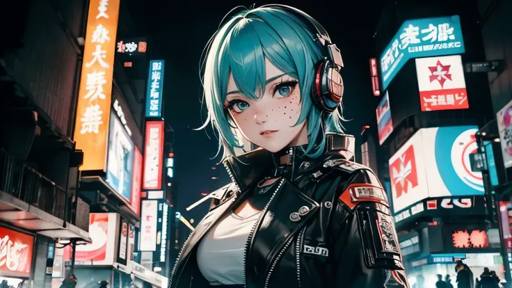 ((Best Quality)), ((Masterpiece)), perfect eyes:1.2, holding a machine gun, detailed eyes:1.4, ((freckles)), woman, high tech, hacker, irezumi, tattoo, techwear, headphones, messy hair, multicolored hair, green hair, black jacket, gradient hair, leather cl...