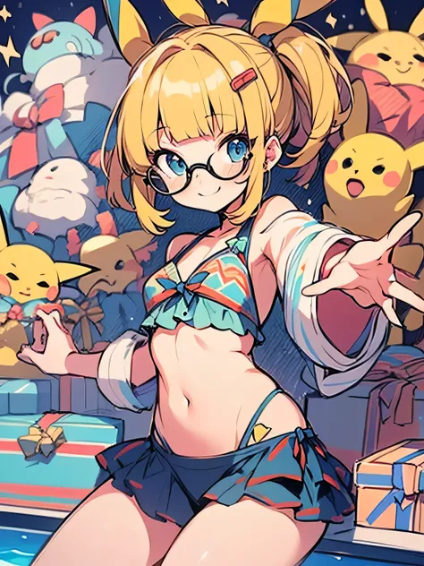 
(chibi),solo, 16years old, blonde medium hair, blunt bangs, glasses, cute face,open chest, cute Santa Claus bikini, surrounded by Christmas present gift boxes, Christmas ribbon,pikachu(pokemon),cute smile,model pose, Christmas night pool party,fireworks, ...